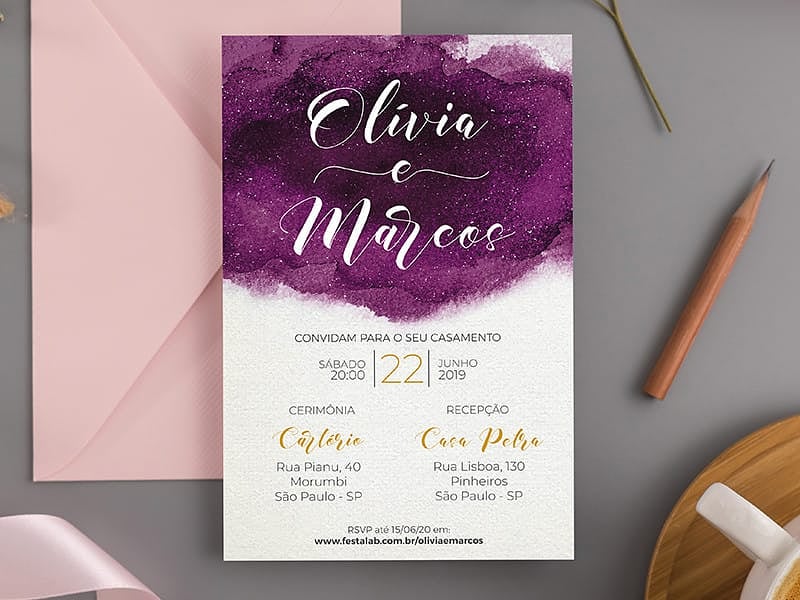 Crie seu convite de casamento - Moderno Roxo Pincelado| Joliz