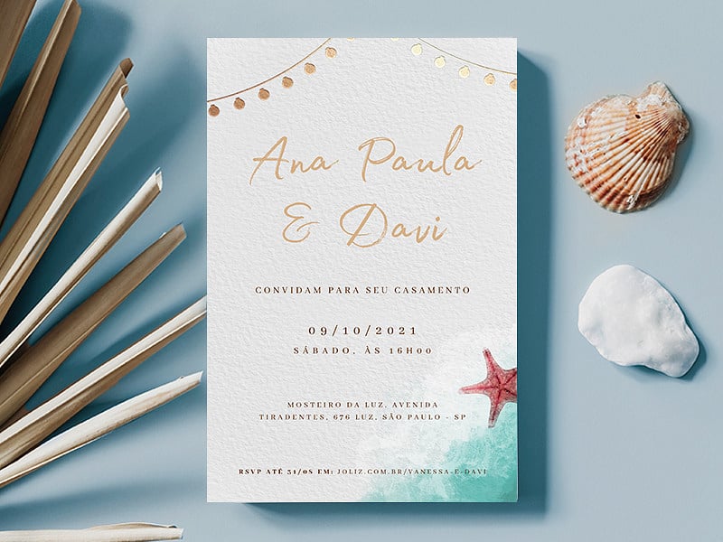 Crie seu convite de casamento - Praia Luzes Aquarela| Joliz